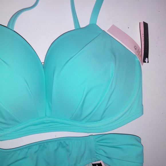 Victoria Secret Swim Bikini 32DD Top XS Bottom Aqua Seafoam Glow Push Up Halter - Picture 4 of 8